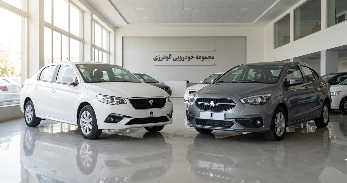دو سدان اتوماتیک خانوادگی کنار هم برای مقایسه خرید اقساطی در نمایشگاه